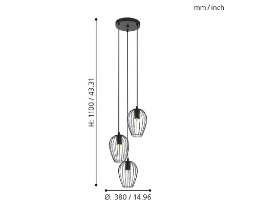 Hanglamp met drie lampen, kooikappen en afmetingen