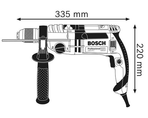 Technische tekening van een klopboormachine met de afmetingen 335 mm lengte en 220 mm hoogte, Bosch Logo