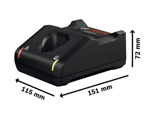 Bosch acculader met de afmetingen 115 mm x 151 mm x 72 mm