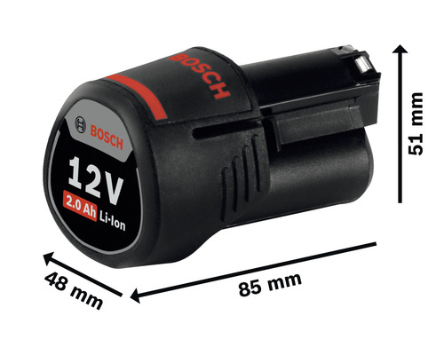 Bosch Logo, 12 volt 2.0 ampère-uur lithium-ionbatterij met maatvoering