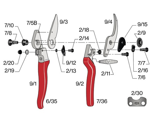 Explosietekening van een tuinschaar met afzonderlijke onderdelen