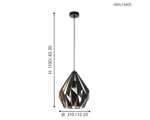Hanglamp met geometrische lampenkap, een hoogte van 1100 millimeter en een diameter van 310 millimeter.
