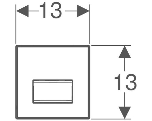 Technische tekening van een vierkant object met een doosvorm en de afmetingen 13 x 13