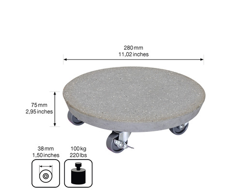 Ronde plantenroller van steengoed met wielen en rem, diameter 280 millimeter