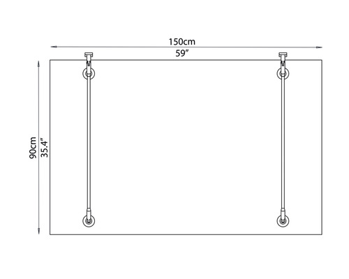 Technische tekening van een douchewand met afmetingen van 150 cm bij 90 cm.
