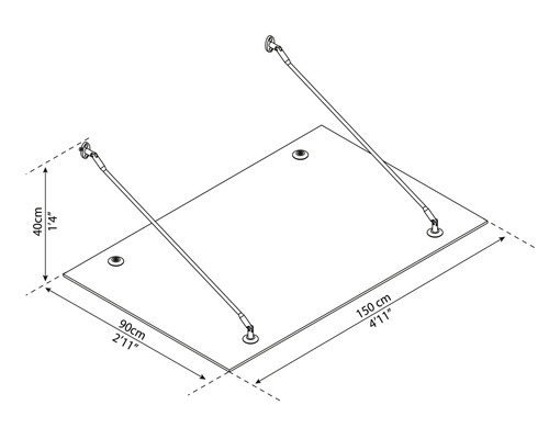 Technische tekening van een rechthoekige luifel met afmetingen van 90 bij 150 centimeter en een hoogte van 40 centimeter.