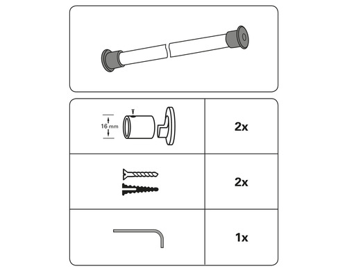 Afbeelding van de onderdelen van een douchestang met schroeven en montagemateriaal