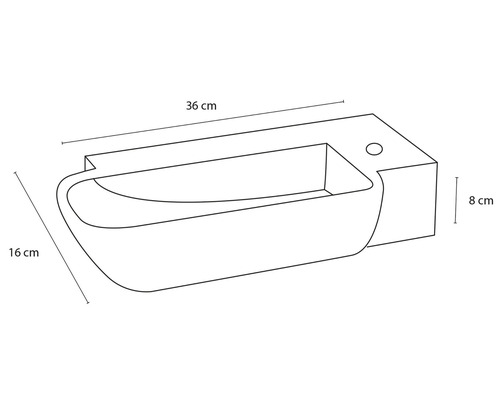 Technische tekening van een wastafel met de afmetingen 36 cm breed, 16 cm diep en 8 cm hoog.