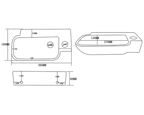 Technische tekening van een wastafel met maatvoering