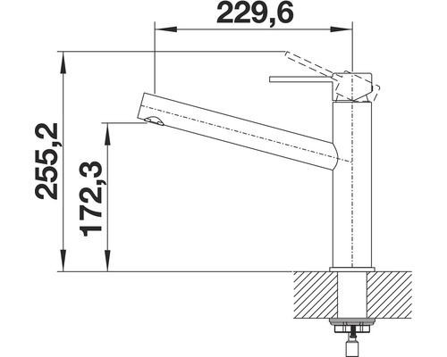 Technische tekening van een keukenkraan met afmetingen