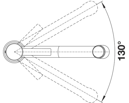 Tekening van een deurklink met een zwenkbereik van 130 graden
