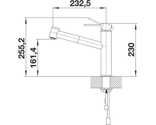 Technische tekening van een keukenkraan met afmetingen