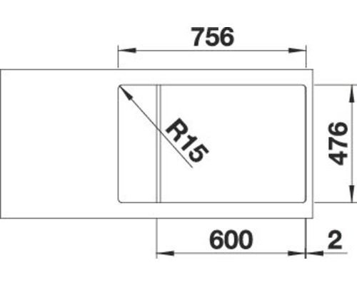 Schets van een spoelbak met afmetingen