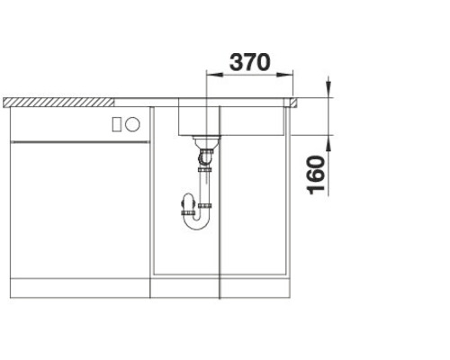 Tekening van een spoelbak met afmetingen 370 en 160