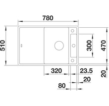 Technische tekening van een spoelbak met maataanduidingen in millimeters.