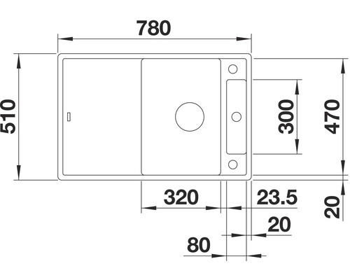 Technische tekening van een spoelbak met maataanduidingen in millimeters.