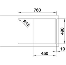 Technische tekening van een spoelbak met afmetingen 760, 490, 450 en 10 millimeter