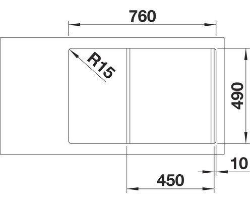 Technische tekening van een spoelbak met afmetingen: 760 mm totale breedte, 490 mm totale lengte, 450 mm positie van de bak, 10 mm randdikte, R15 hoekradius