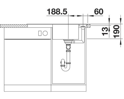 Technische tekening van een spoelbak met afmetingen