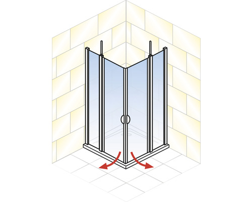 Hoekdouche met naar buiten draaiende deuren.