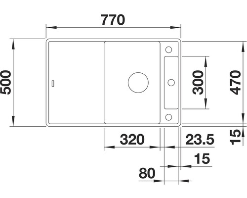 Maattekening van een spoelbak met spoelbak, afdruiprek en kraanbank, evenals de bijbehorende afmetingen