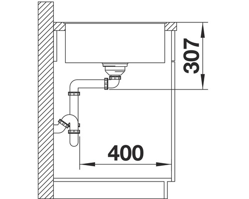 Technische tekening van een gootsteen met afmetingen 307 en 400.