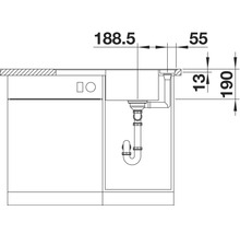 Technische tekening van een spoelbakonderkast met afmetingen