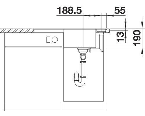 Technische tekening van een spoelbak met afmetingen