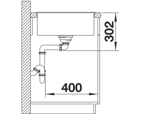 Schets van een spoelbak met afmetingen 302 en 400 voor installatiedetails