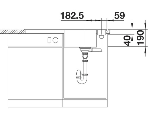 Technische tekening van een gootsteen met afmetingen