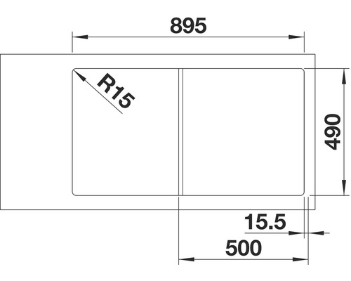 Technische tekening van een spoelbak met de afmetingen 895, 490 en 500 millimeter