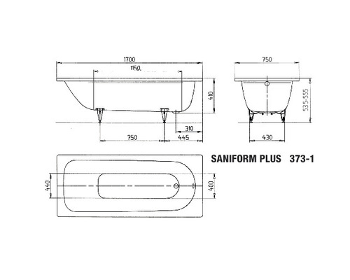 Technische tekening van Saniform Plus bad 373-1 met afmetingen