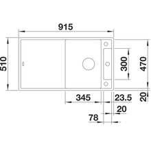 Technische tekening van een spoelbak met maataanduidingen