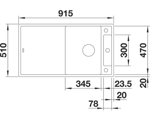 Technische tekening van een spoelbak met maataanduidingen