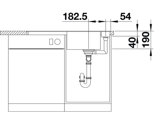Schets van een spoelbak met afmetingen voor installatie