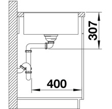 Schema van een spoelbak met afvoer en afmetingen 307 en 400.