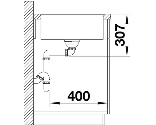 Schema van een spoelbak met afvoer en afmetingen 307 en 400.