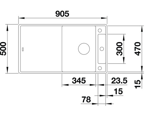 Technische tekening van een spoelbak met maatvoering