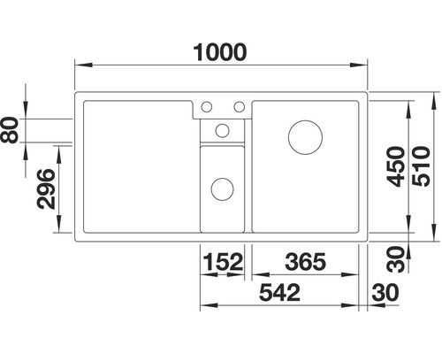 Technische tekening van een aanrechtspoelbak met de afmetingen 1000 x 510 millimeter.
