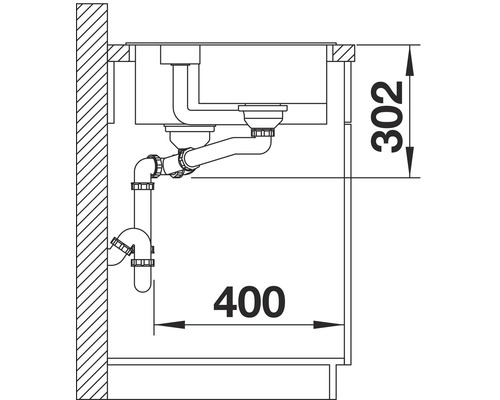 Schets van een gootsteen met afmetingen voor installatiedetails
