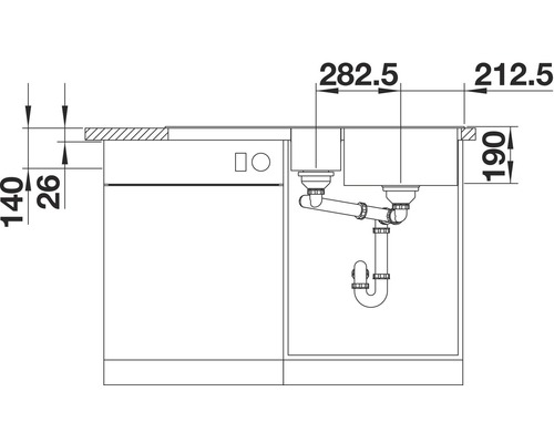 Schema van een spoelbak met afmetingen