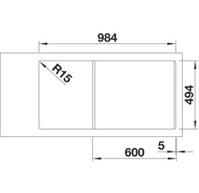 Technische tekening van een spoelbak met afmetingen van 984 x 494 mm en een hoekradius van 15 mm