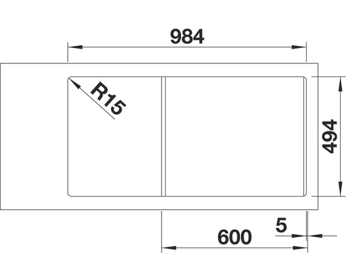 Technische tekening van een spoelbak met afmetingen van 984 x 494 mm en een hoekradius van 15 mm