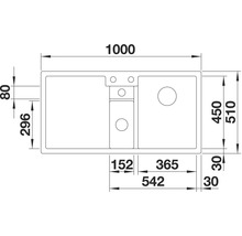 Technische tekening van een spoelbak met afmetingen