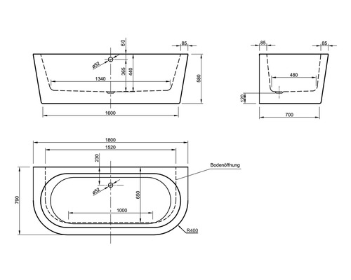 Technische tekening van een badkuip met afmetingen