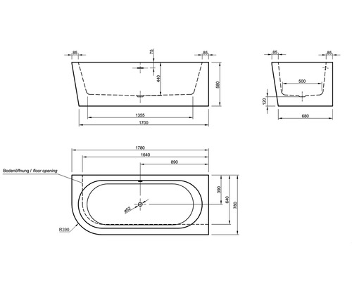 Technische tekening van een badkuip met afmetingen.