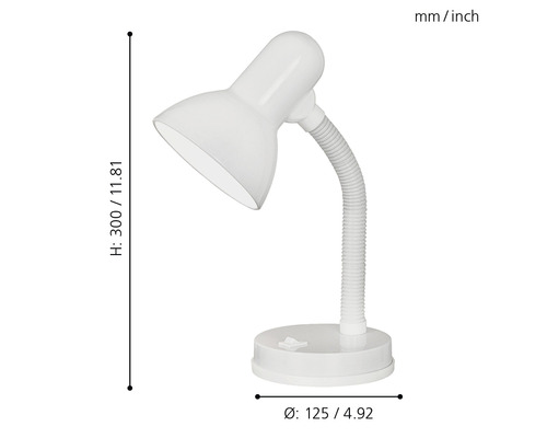 Bureaulamp met flexibele arm en de afmetingen hoogte 300 millimeter, diameter 125 millimeter.