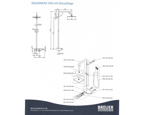 Technische tekening van de Aquamaxx 340 douche met glazen plank