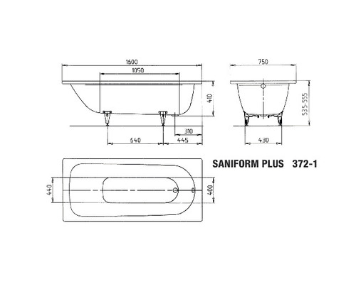 Technische tekening van het Saniform Plus 372-1 bad met maatvoering