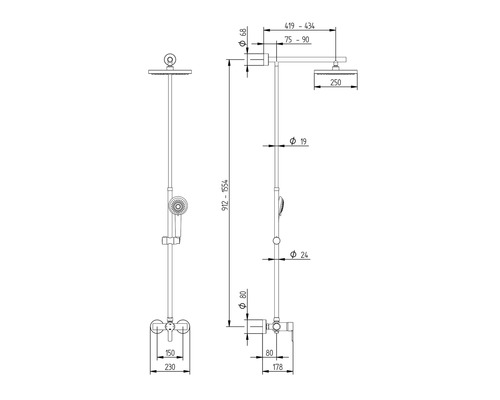 Technische tekening van een douchesysteem met afmetingen